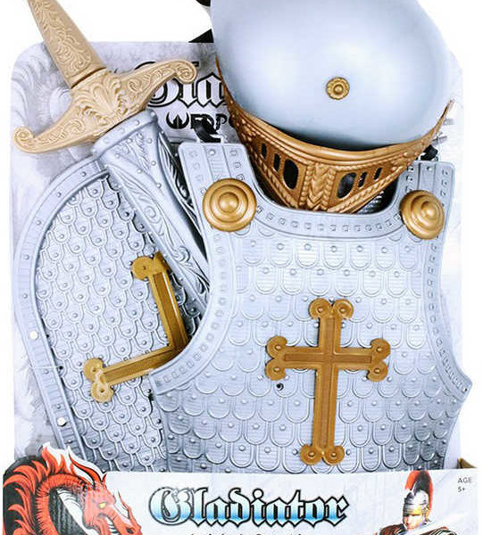 Sada dětská rytířská plastový stříbrný set meč, helma, štít a vesta