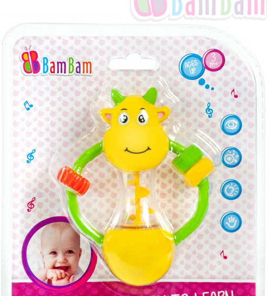 ET BAM BAM Baby chrastítko kravička s kroužky na kartě pro miminko