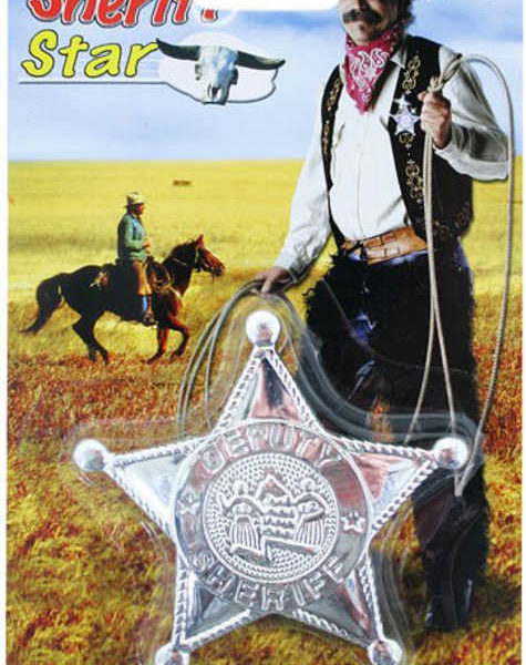 Hvězda šerifská stříbrná plastová 8cm dětský odznak kovbojský na kartě