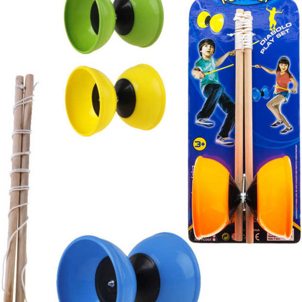 Hra Diabolo 9cm herní play set malý žonglér na kartě 4 barvy plast dřevo