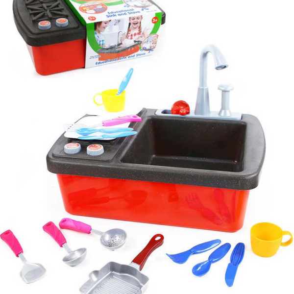 Dřez dětský kuchyňský s vodní pumpou a sporákem funkční set s nádobím plast