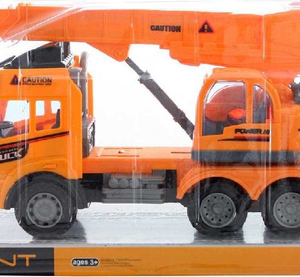 Autojeřáb oranžový pracovní auto 28cm na setrvačník plast