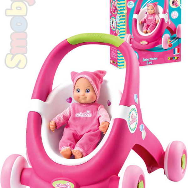 SMOBY Odstrkovadlo 2v1 Minikiss Baby Walker růžový kočárek pro panenky Plast