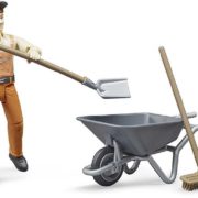 BRUDER 62130 Figurka komunální pracovník 11cm set s kolečky a nářadím plast