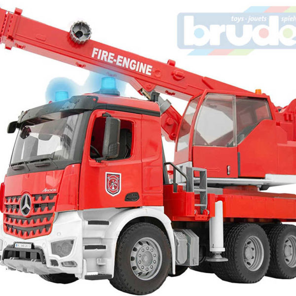 BRUDER 03675 Auto jeřáb funkční červený MB Arocs hasiči Světlo Zvuk 1:16