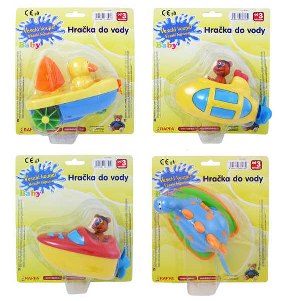 Zvířátko/loď na natažení plastová hračka do vody 4 druhy na kartě