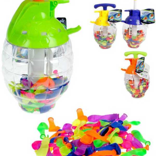 Pumpa plnič na vodní balonky set tlakovací láhev + vodní bomby 100ks 4 barvy