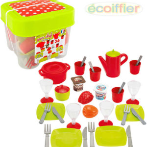 ECOIFFIER Set dětský jídelní plastové nádobí s potravinami 36ks v boxu