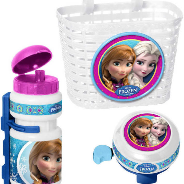 Doplňky plastové na dětské kolo Frozen set košík, láhev na nápoj, zvonek