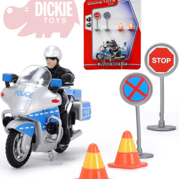 DICKIE Motocykl policie 10cm set řidič + 2 dopravní značky na kartě