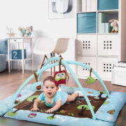 LUDI Baby hrací deka sova modrá 107×87cm s hrazdou a hračkami pro miminko