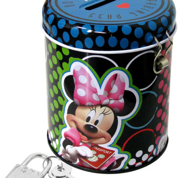 Pokladnička dětská kulatá Minnie Disney set se zámkem a 2 klíčky plechová