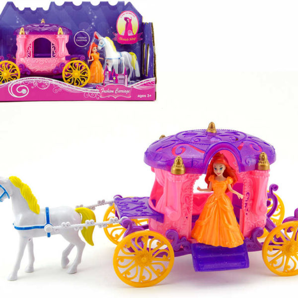 Set kůň s kočárem 40cm + panenka princezna plast v krabici