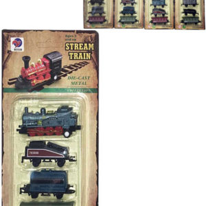Vlak kovový mini historický set mašinka + 3 vagónky zpětný nátah 4 druhy na kartě