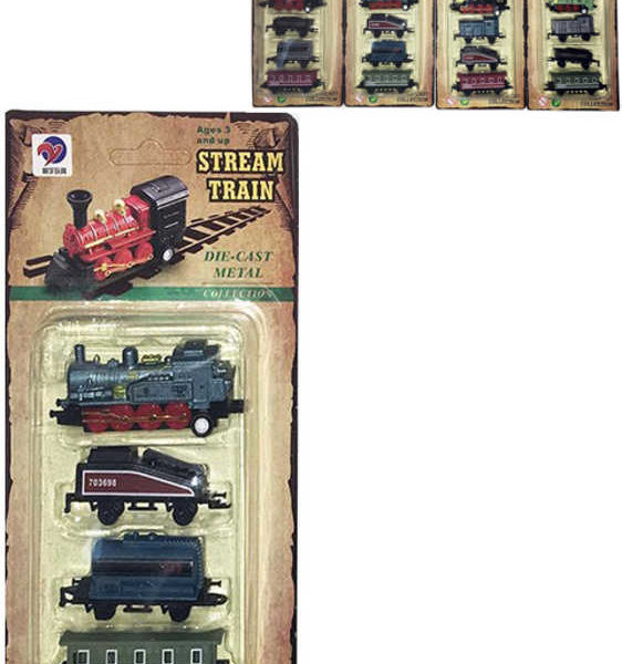 Vlak kovový mini historický set mašinka + 3 vagónky zpětný nátah 4 druhy na kartě