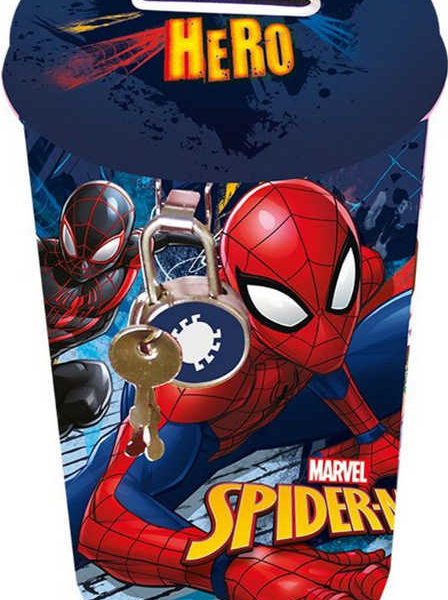 Pokladnička velká Spiderman 14x8cm plechová oválná set s klíčky a zámkem