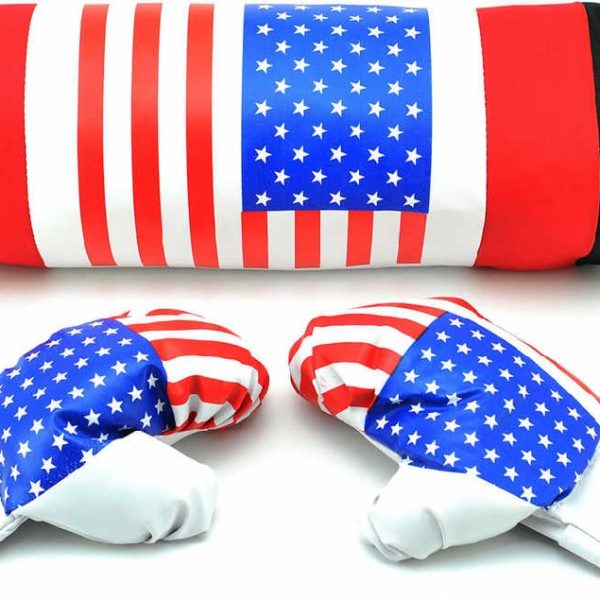 Boxerský dětský set pytel boxovací + rukavice 1 pár potisk vlajka USA v síťce