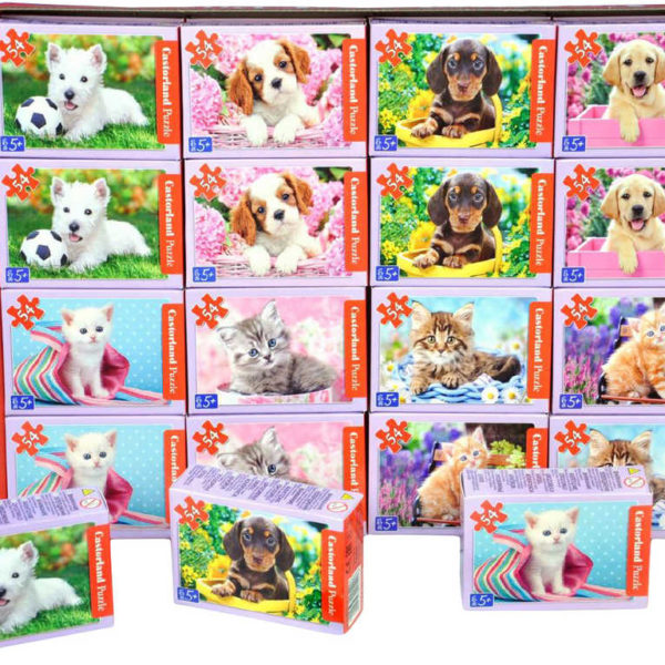 Minipuzzle Pejsi a kočičky 54 dílků 16,5x11cm skládačka v krabičce 8 druhů