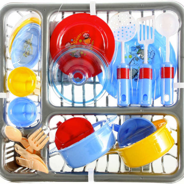 Set nádobí dětské barevné + odkapávač plastový