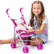 WOODY Kočárek růžový golfky jednorožec pro panenku miminko kov