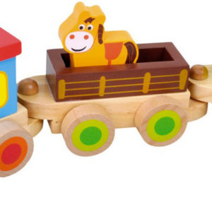 BINO DŘEVO Baby vláček set mašinka + 2 vagonky se zvířátky pro miminko