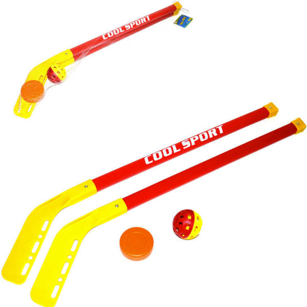 Hokejky dětské žluto-červené 75cm set s míčkem a pukem na florbal a hokej 2in1 plast