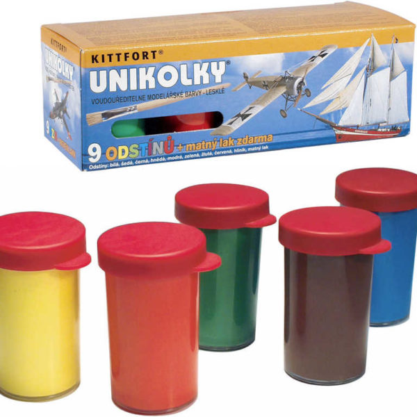 Unikolky modelářské lesklé barvy set 9 barev + matný lak ZDARMA vodou ředitelné