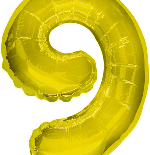 Party balonek nafukovací 35cm Číslice 9 zlatý malý foliový plnění vzduchem