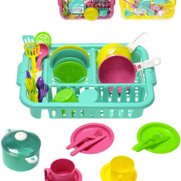 Kuchyňský set 31ks dětské plastové nádobí s odkapávačem 3 barvy v sáčku