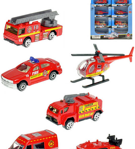 Vozidlo hasičské červené 7-8cm kovové autíčko 6 druhů v krabičce